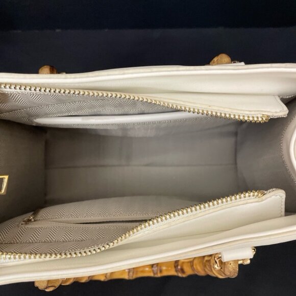 White Faux Leather Handbag w/ Bamboo Double Handles Free Standing Footed - Picture 9 of 11